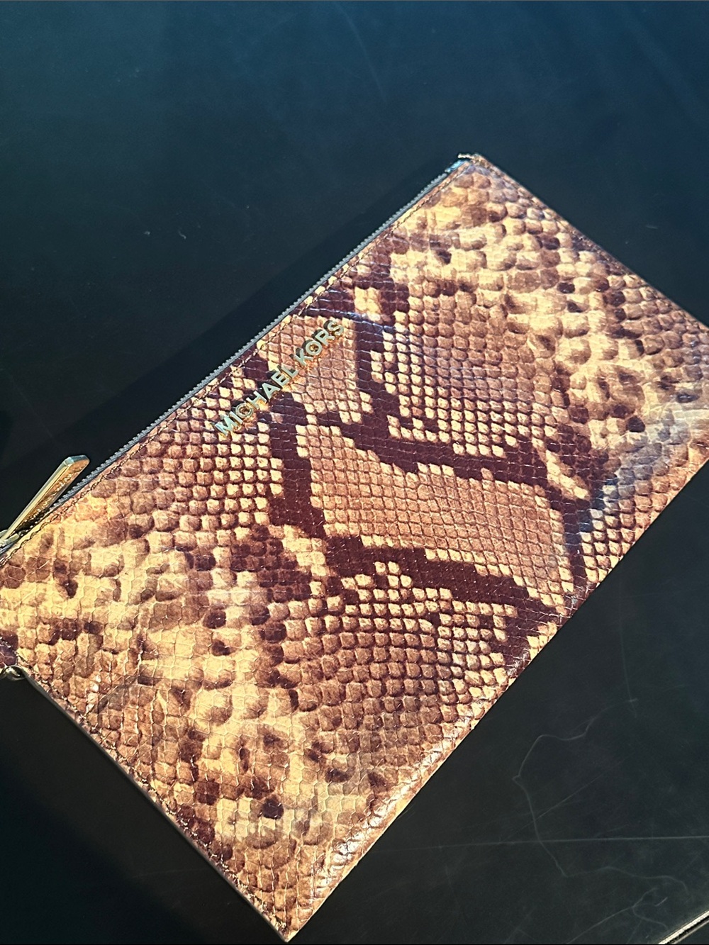 Michael Kors Brown Tan Snake-Print Zip Pouch